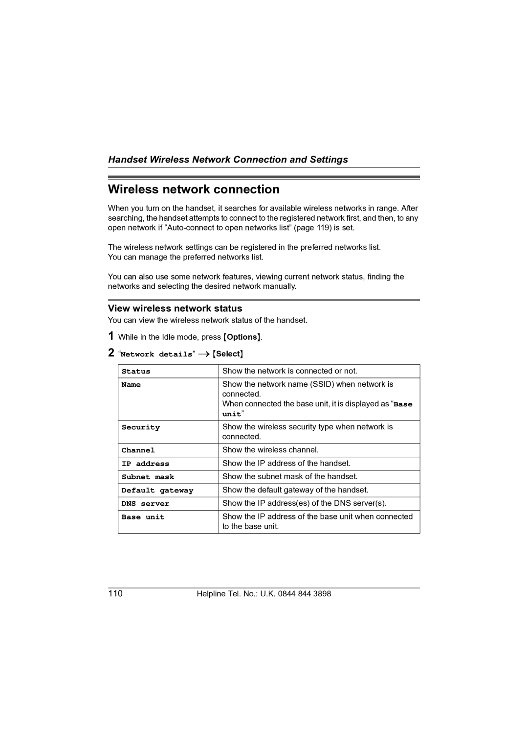 Panasonic KW-WP1050E operating instructions Wireless network connection, View wireless network status 