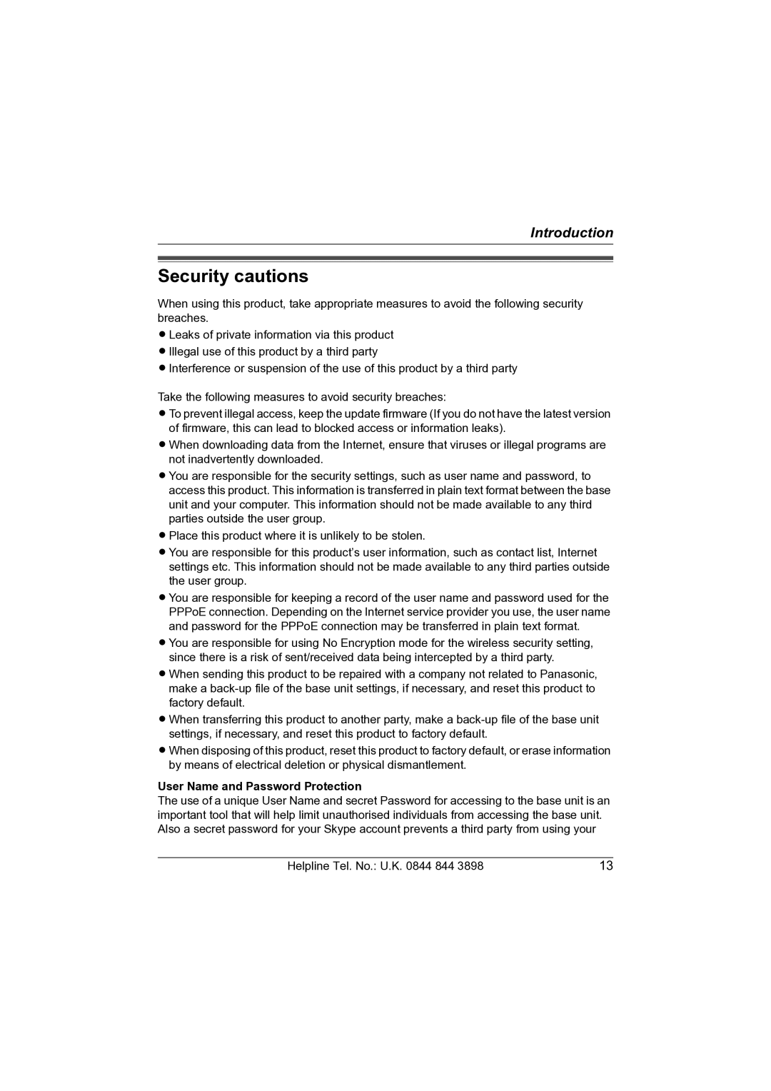 Panasonic KW-WP1050E operating instructions Security cautions, User Name and Password Protection 