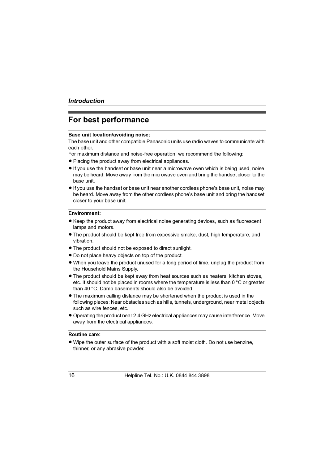 Panasonic KW-WP1050E For best performance, Base unit location/avoiding noise, Environment, Routine care 