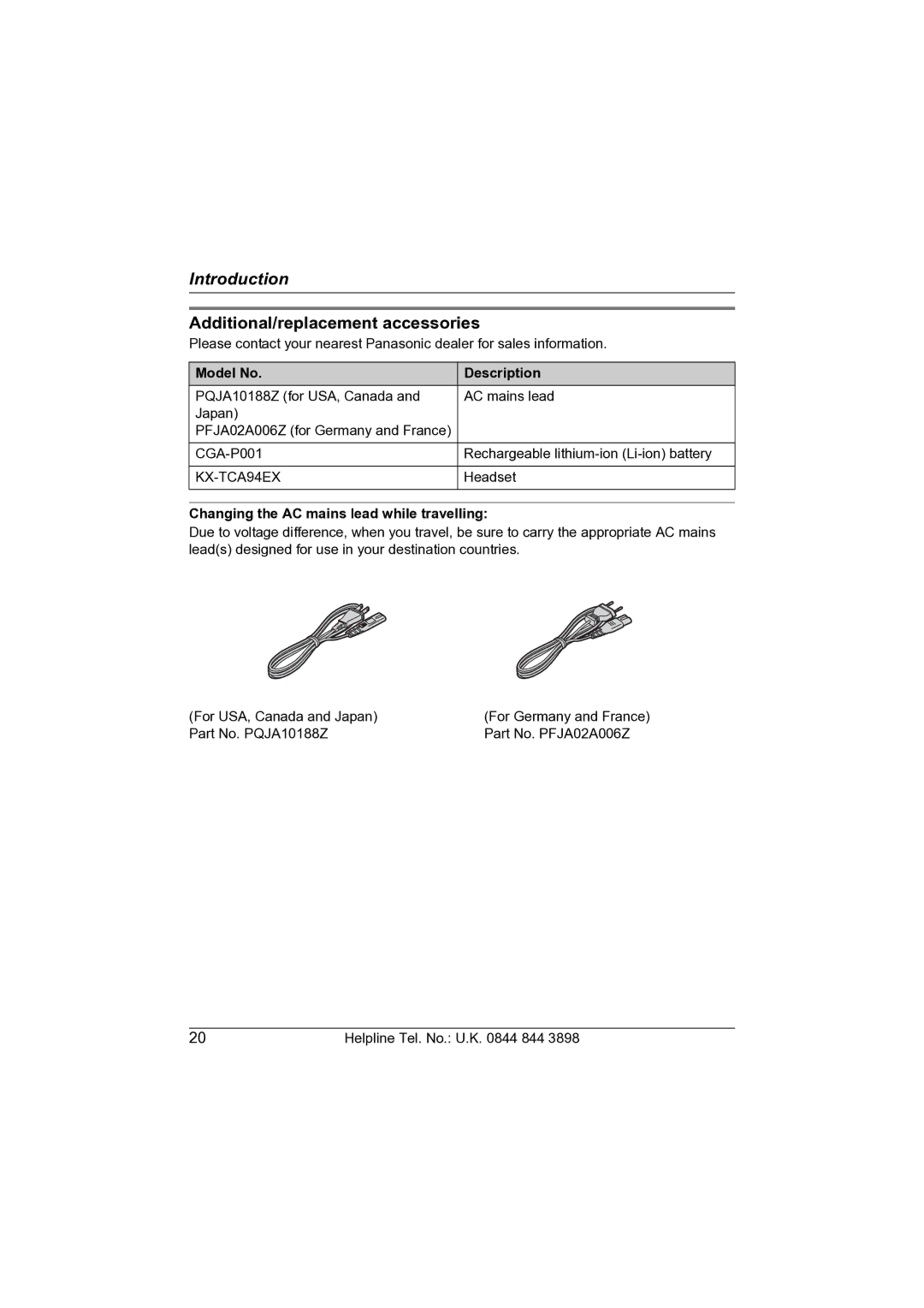 Panasonic KW-WP1050E Additional/replacement accessories, Model No Description, Changing the AC mains lead while travelling 