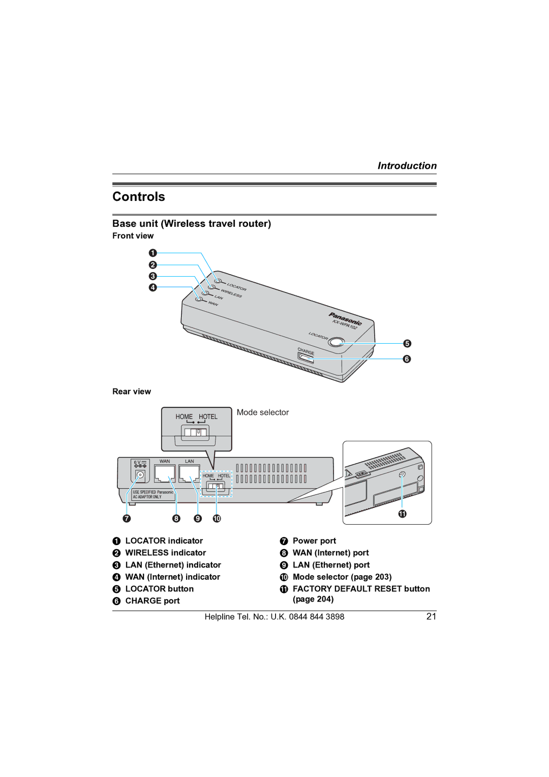 Panasonic KW-WP1050E operating instructions Controls, Base unit Wireless travel router, Front view Rear view 