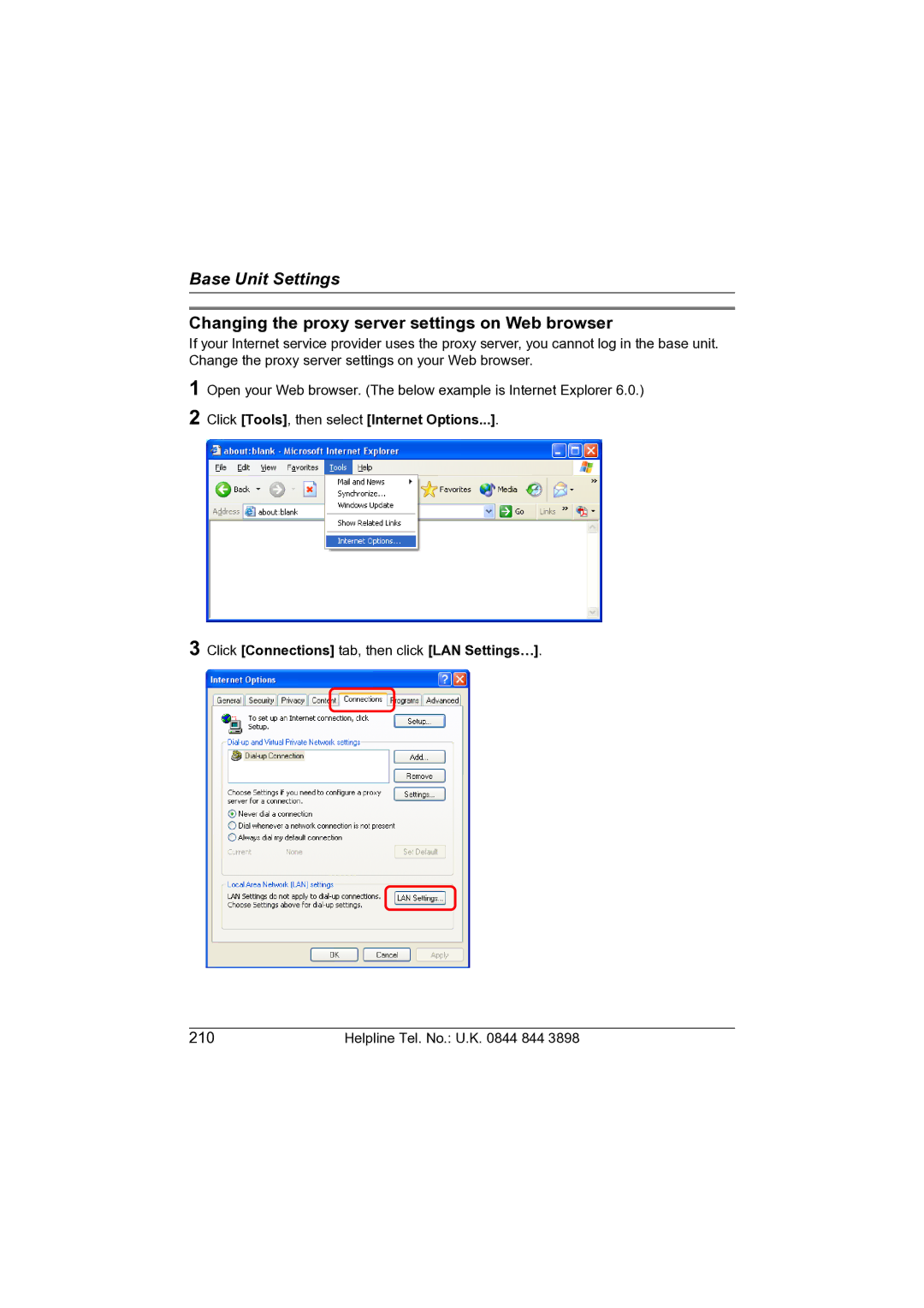 Panasonic KW-WP1050E operating instructions Changing the proxy server settings on Web browser 