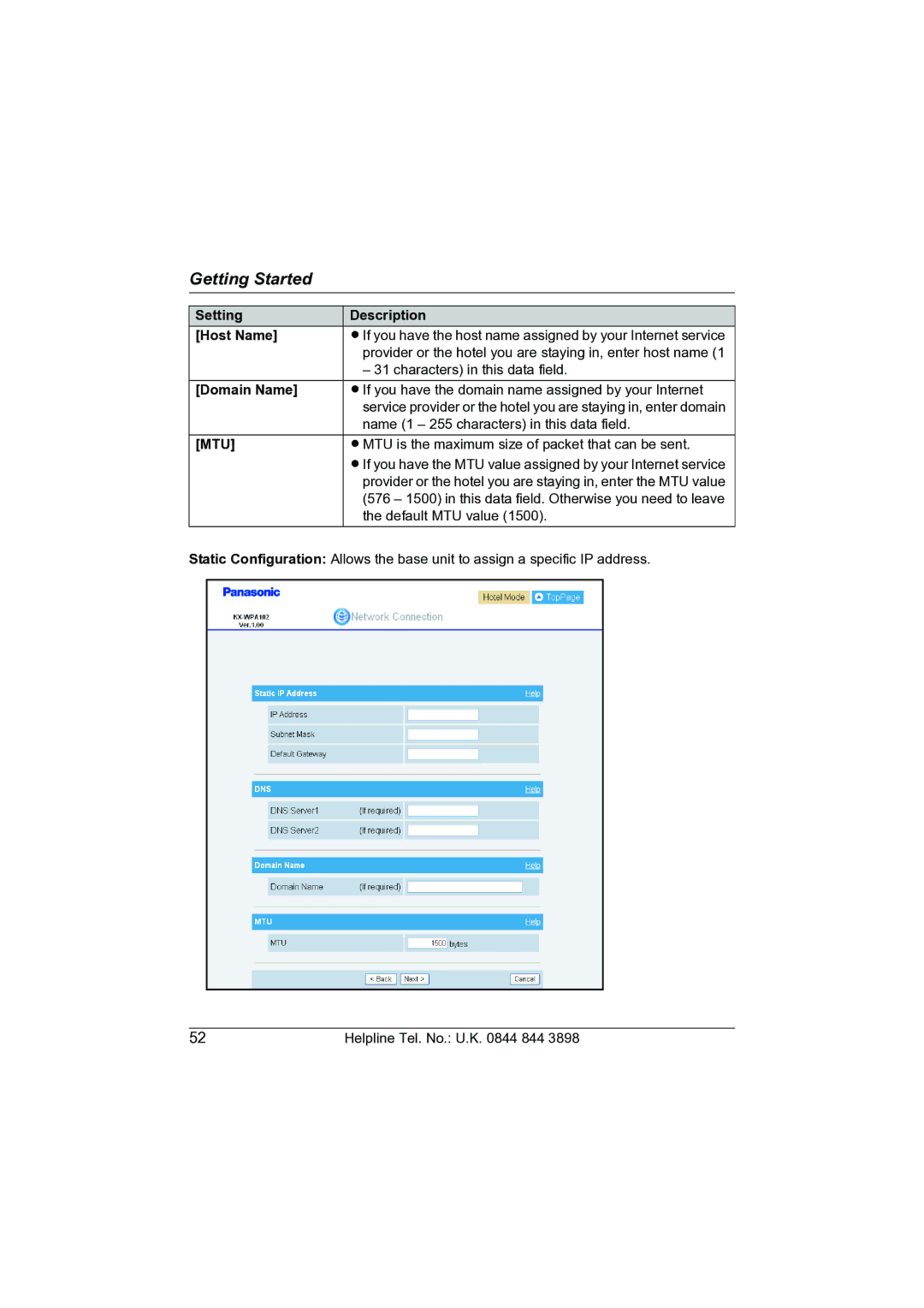 Panasonic KW-WP1050E operating instructions Setting Description Host Name, Domain Name 