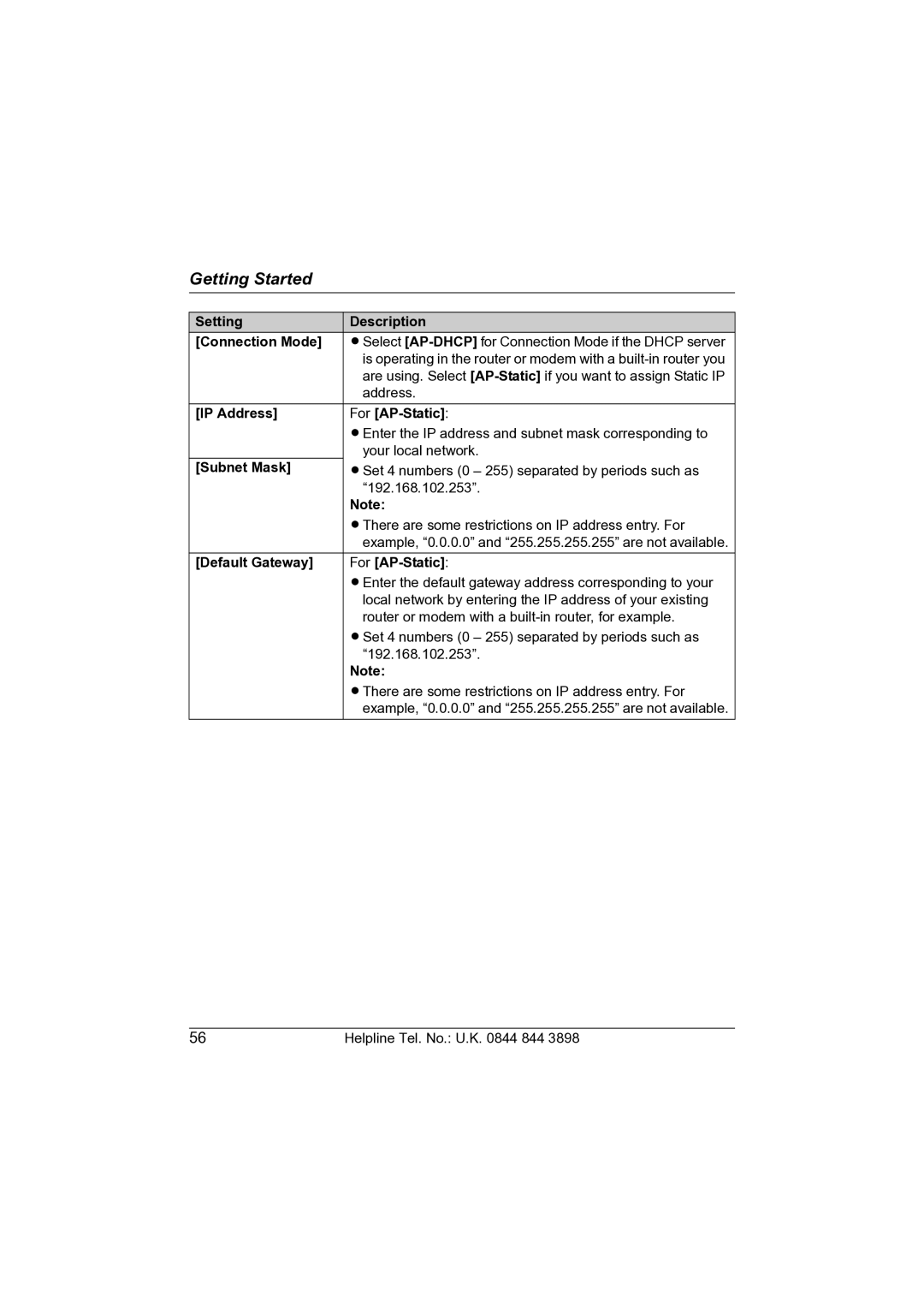 Panasonic KW-WP1050E Setting Description Connection Mode, IP Address For AP-Static, Default Gateway For AP-Static 