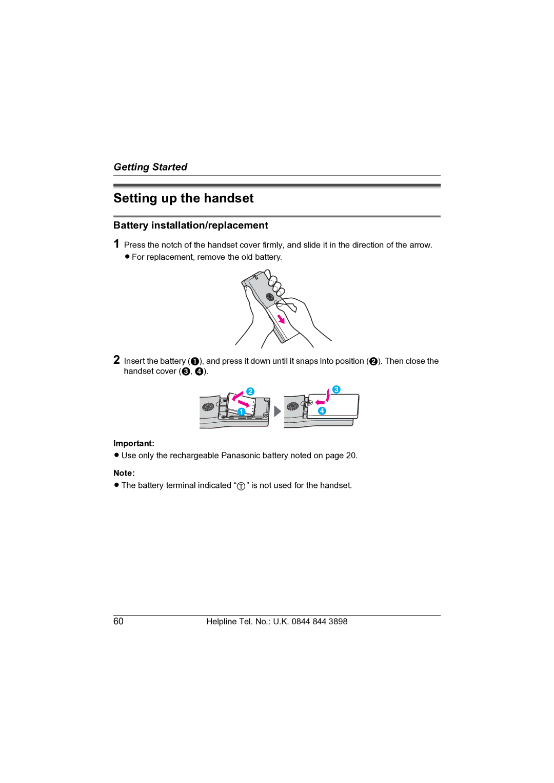 Panasonic KW-WP1050E operating instructions Setting up the handset, Battery installation/replacement 