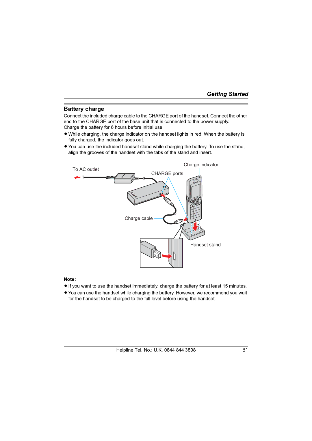 Panasonic KW-WP1050E operating instructions Battery charge 