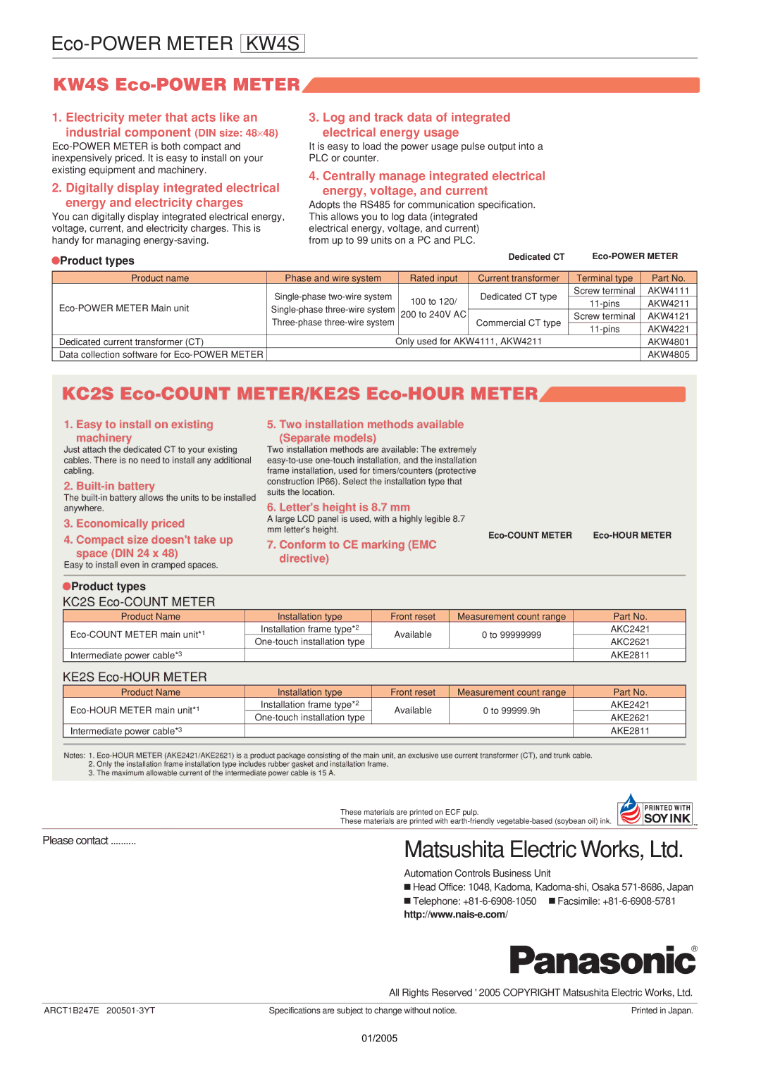 Panasonic KW4S manual Product types, Please contact 