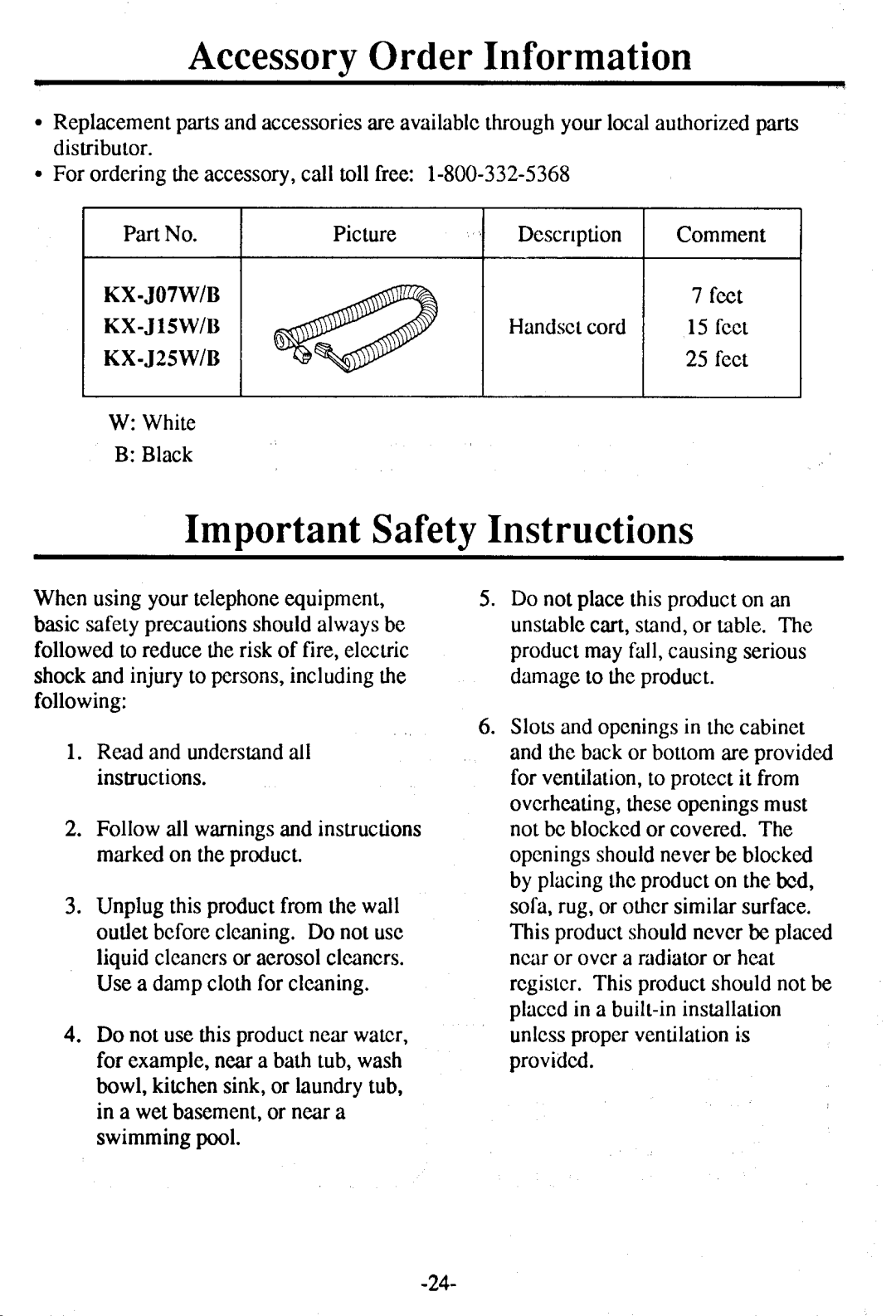 Panasonic KX -T7230 manual AccessorvOrderInformation, ImportantSafetyInstructions, KX-J07w/B, KX-J1sw/B, KX-J2sw/B 