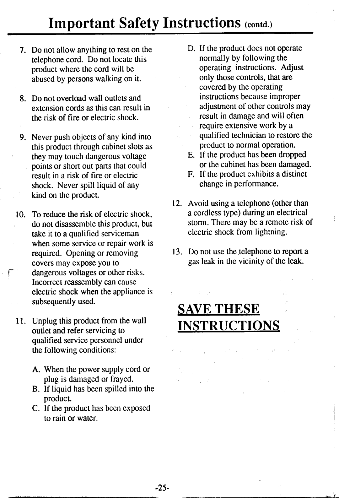 Panasonic KX -T7230 manual Important SafetyInstructions contd 