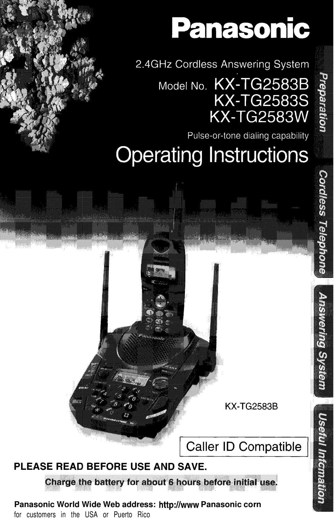 Panasonic KX- TG2583B manual Panasonic World Wide Web address http//www Panasonic corn 