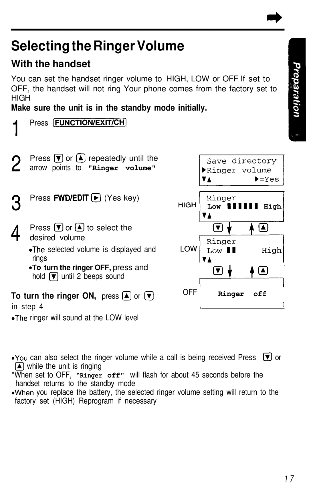 Panasonic KX- TG2583B manual Selecting the Ringer Volume, With the handset, Step 