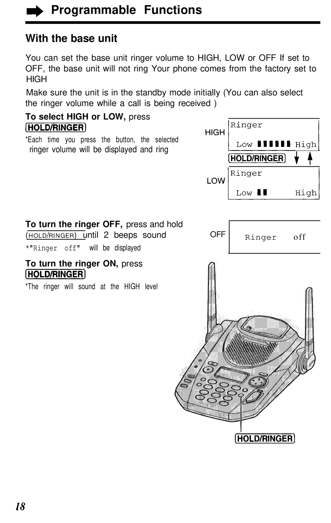 Panasonic KX- TG2583B manual With the base unit, To select High or LOW, press, To turn the ringer OFF, press and hold 