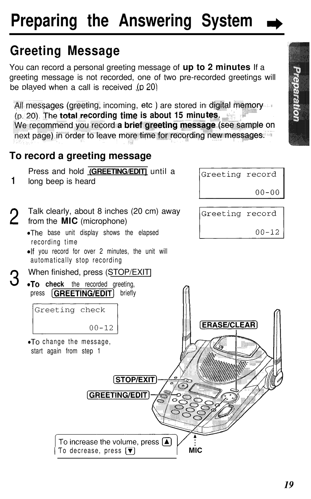 Panasonic KX- TG2583B manual Preparing the Answering System w, Greeting Message, To record a greeting message 