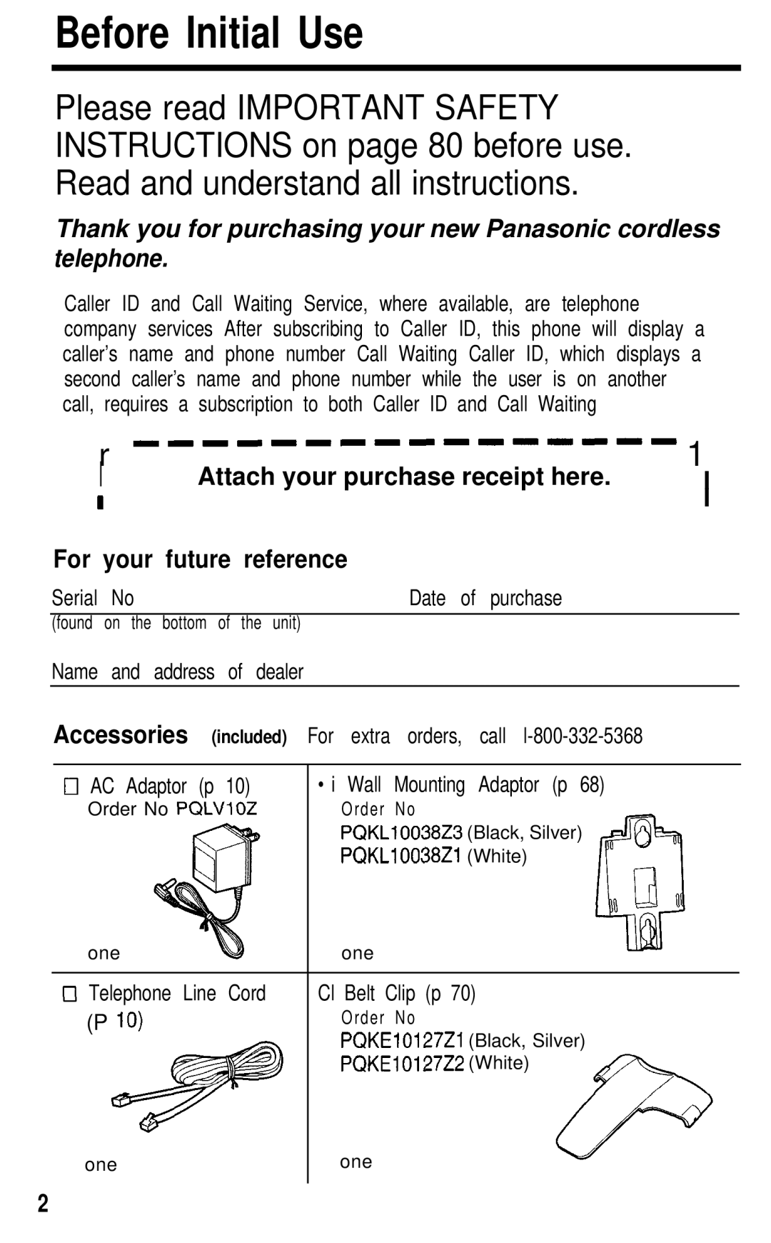 Panasonic KX- TG2583B manual Before Initial Use, Attach your purchase receipt here For your future reference 