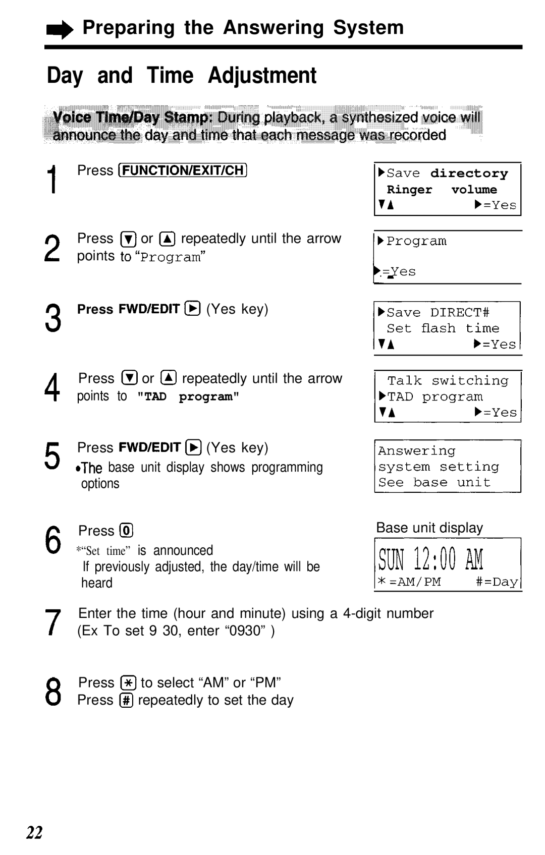 Panasonic KX- TG2583B Day and Time Adjustment, Press @ or &J repeatedly until the arrow points to ProgramV, Press l5J 