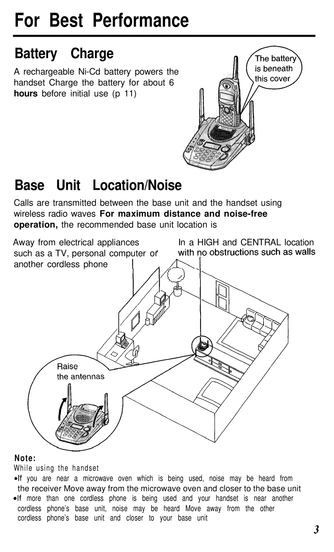 Panasonic KX- TG2583B manual For Best Performance, Battery Charge, Base Unit Location/Noise 