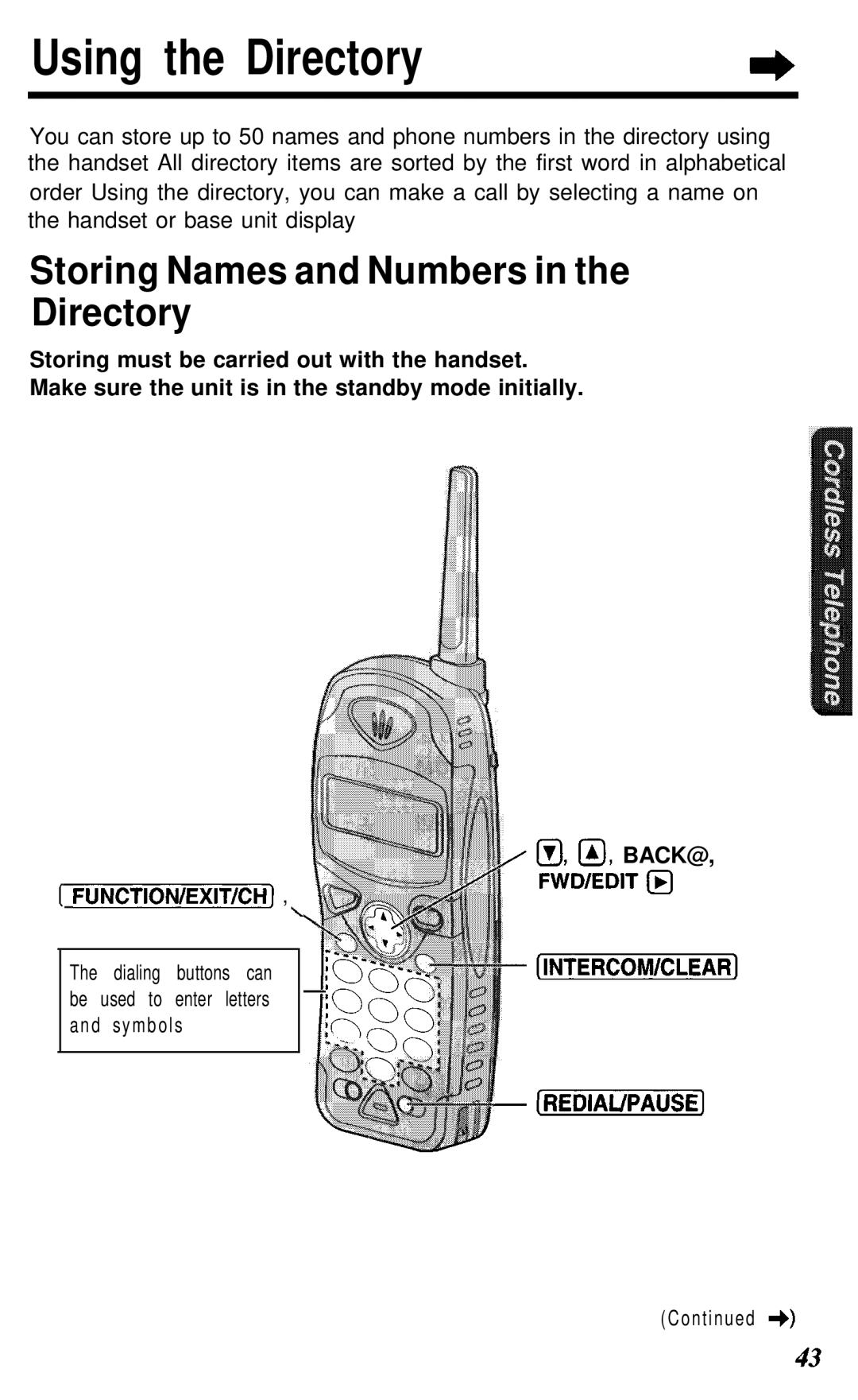 Panasonic KX- TG2583B manual Using the Directory, Storing Names and Numbers in the Directory, @, @, Back@ 