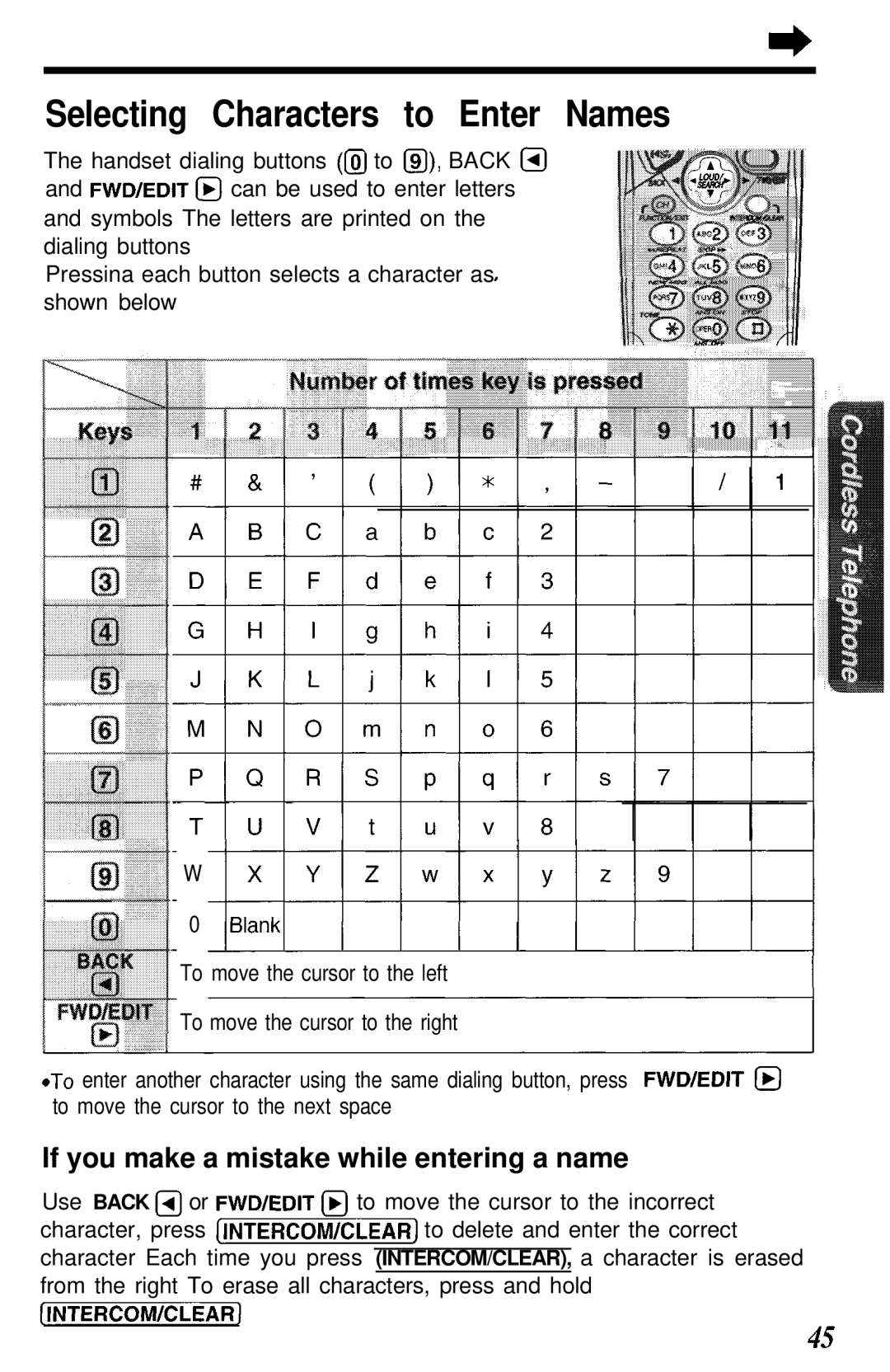 Panasonic KX- TG2583B manual Selecting Characters to Enter Names, If you make a mistake while entering a name 