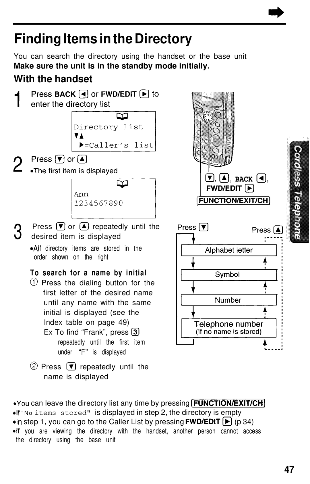 Panasonic KX- TG2583B manual Finding Items in the Directory, To search for a name by initial 