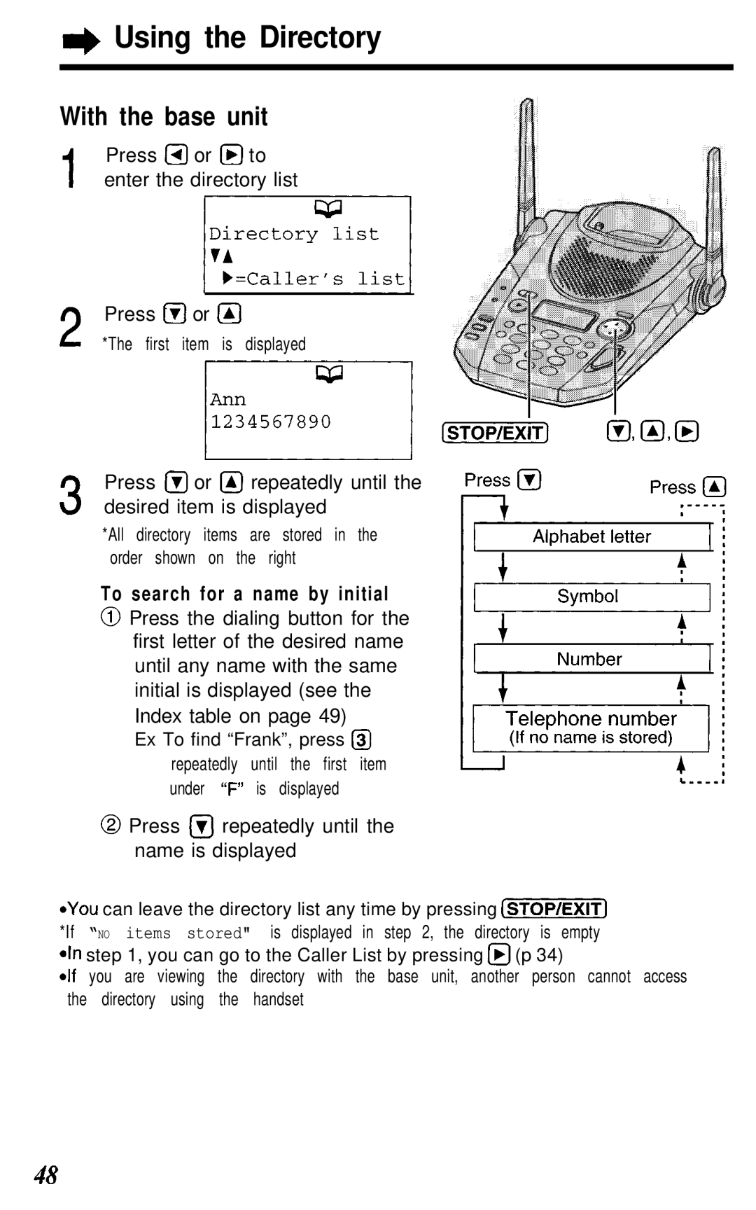 Panasonic KX- TG2583B manual Press &I or Q to enter the directory list Press @ or Q 