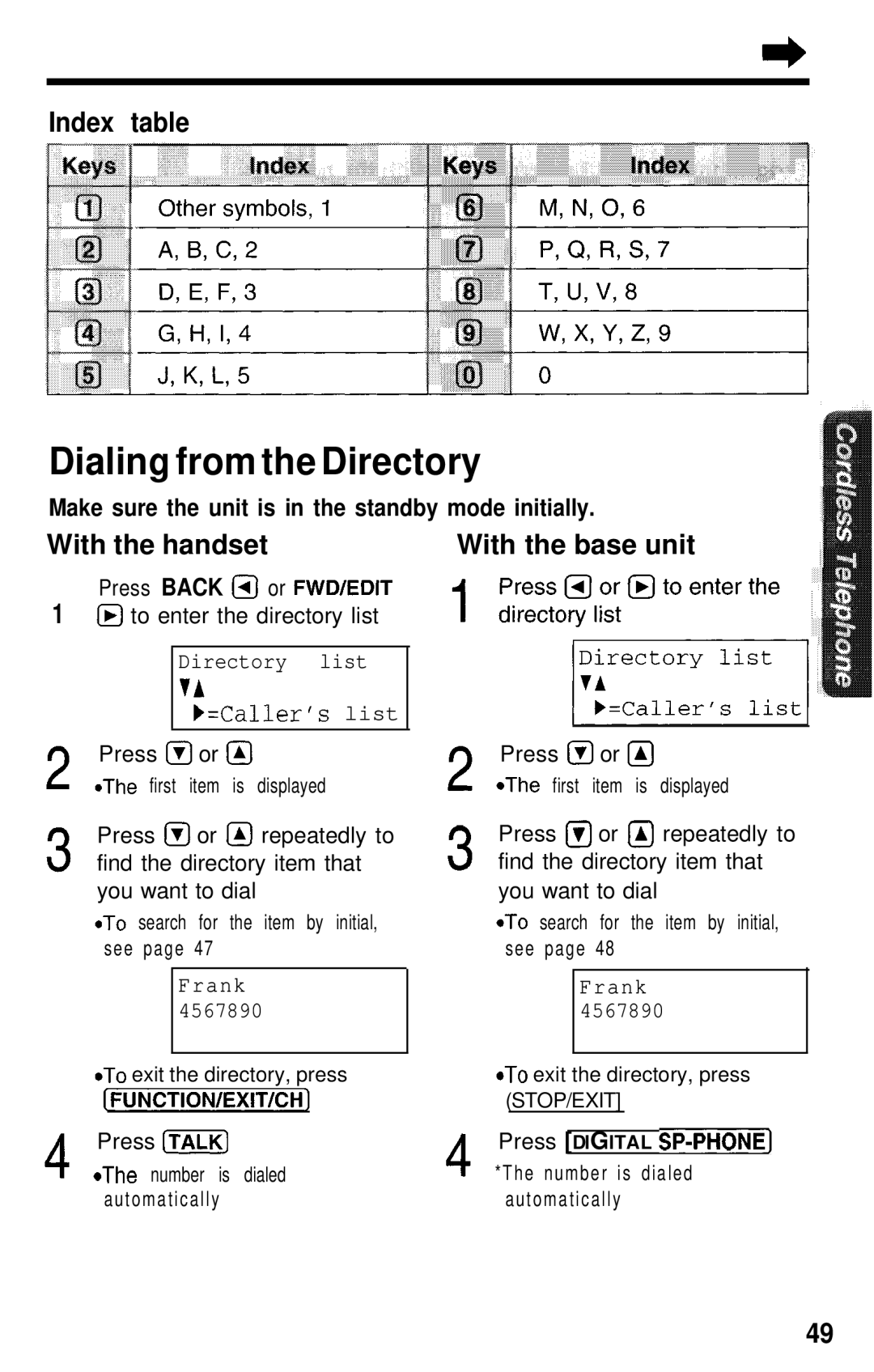 Panasonic KX- TG2583B Dialing from the Directory, Index table, With the handset With the base unit, Press Digital SP-PHONE 