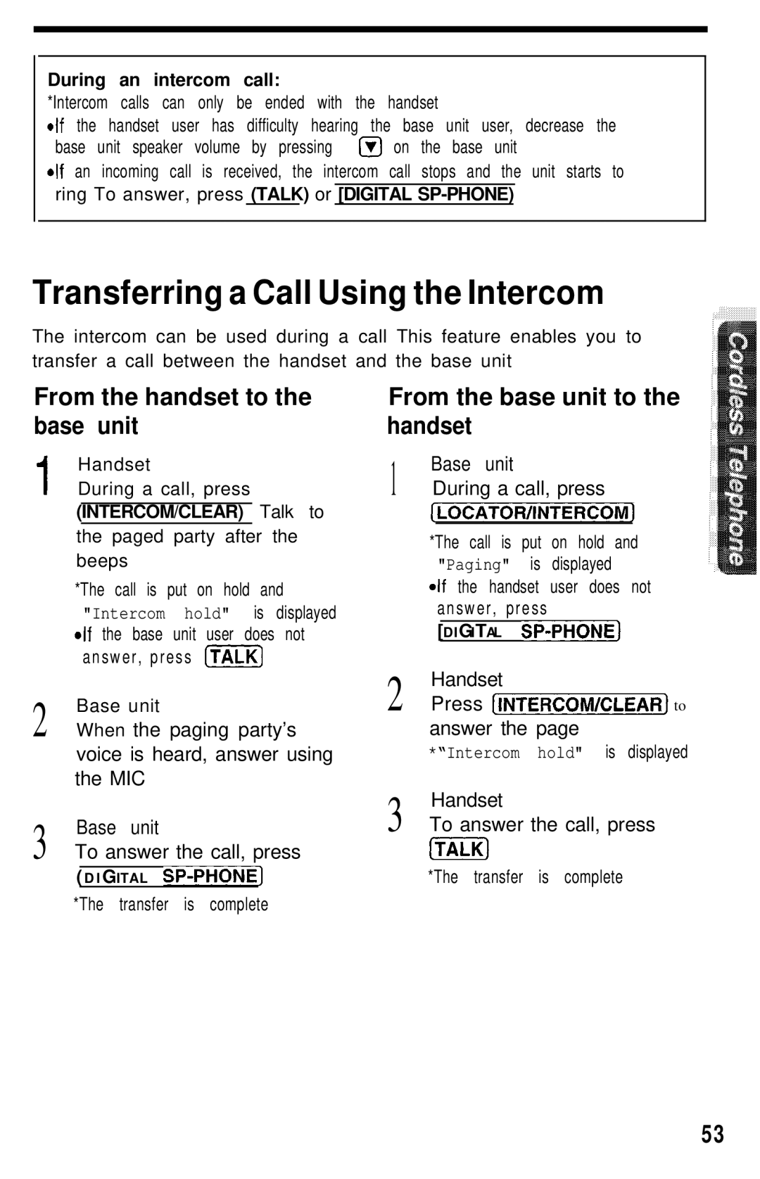 Panasonic KX- TG2583B manual Transferring a Call Using the Intercom, From the handset to the base unit 