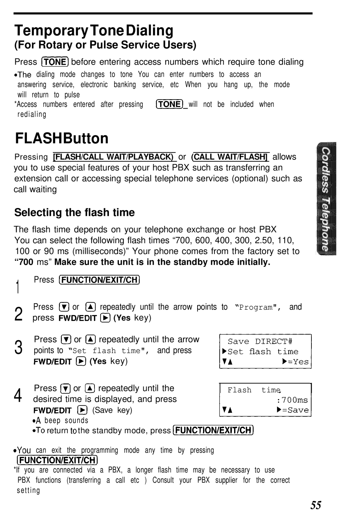 Panasonic KX- TG2583B manual TemporaryToneDialing, FLASHButton, For Rotary or Pulse Service Users, Selecting the flash time 