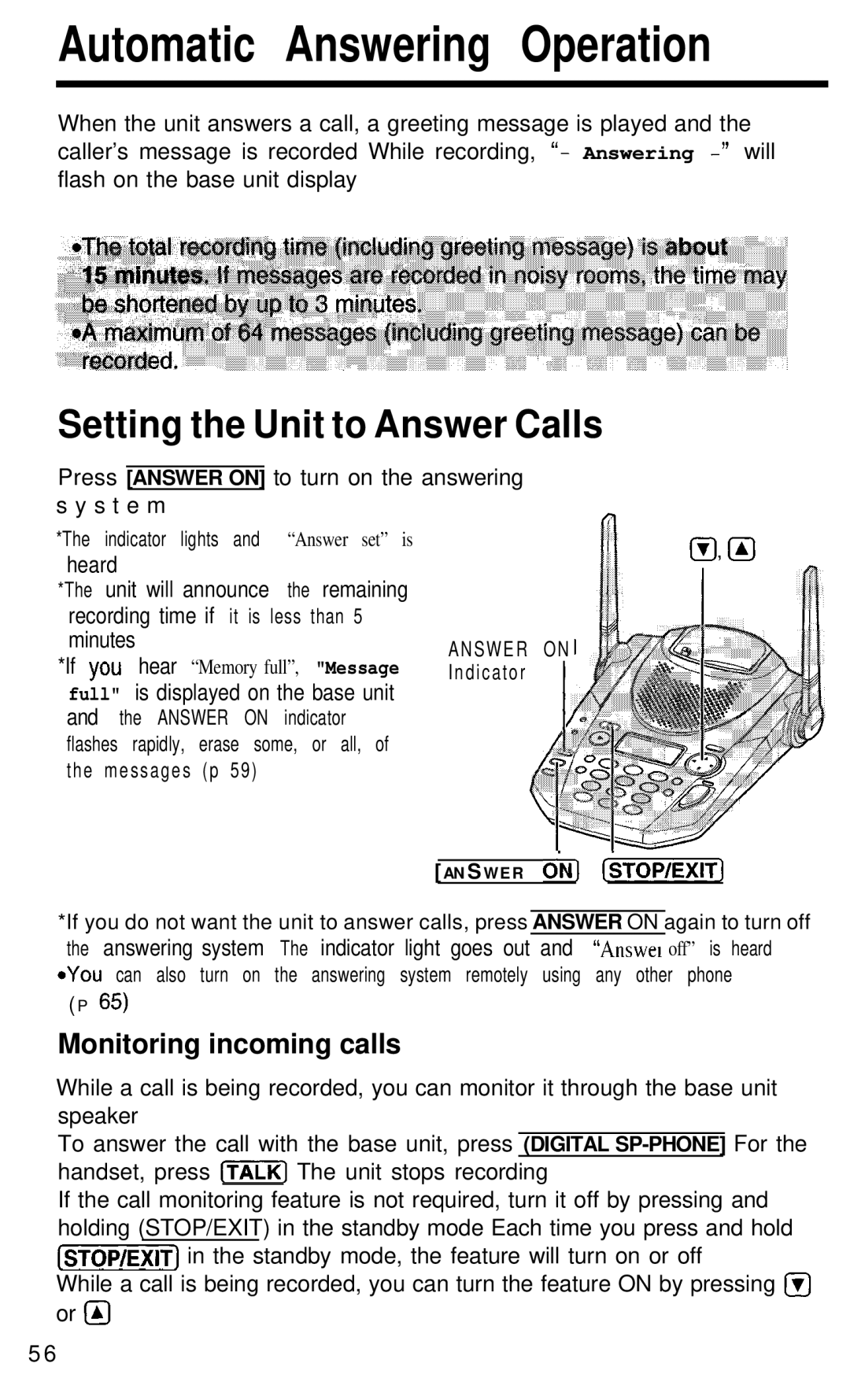 Panasonic KX- TG2583B manual Automatic Answering Operation, Setting the Unit to Answer Calls, Monitoring incoming calls 