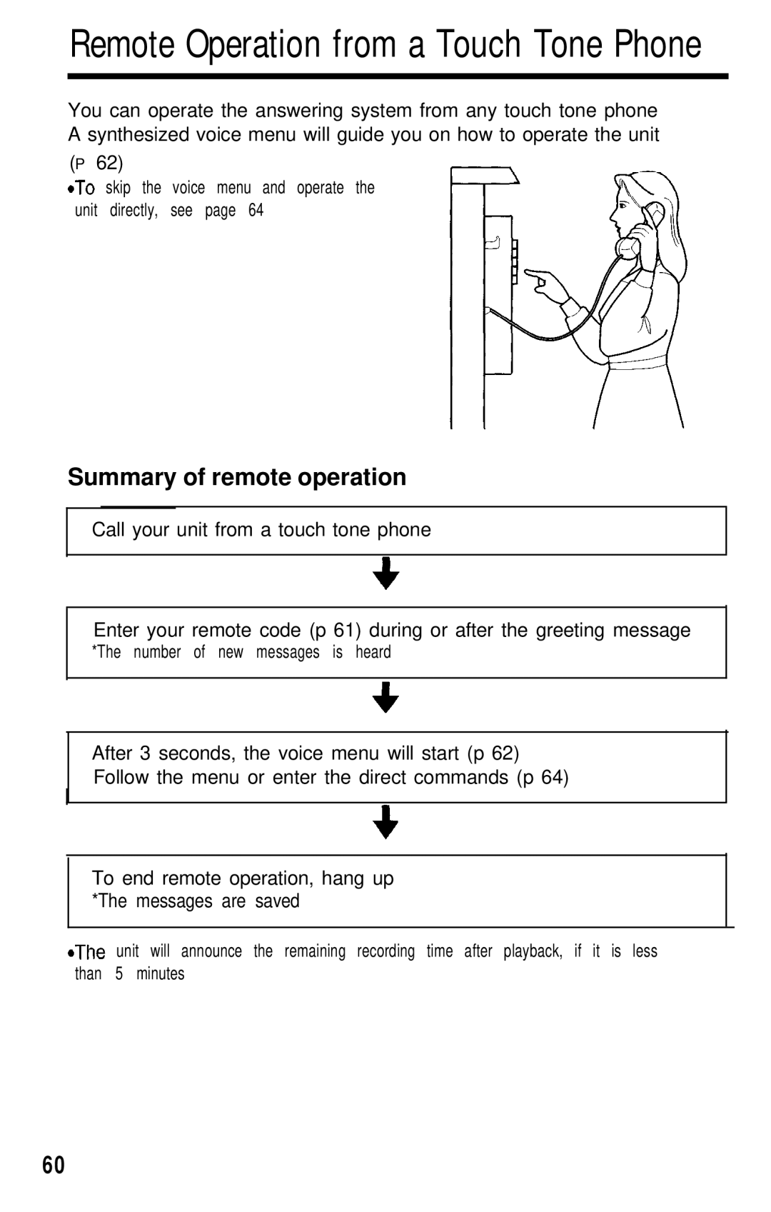 Panasonic KX- TG2583B manual Remote Operation from a Touch Tone Phone, Summary of remote operation 