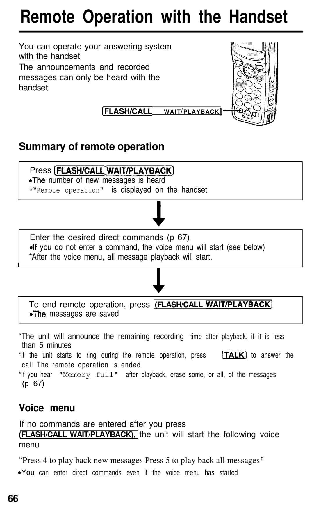 Panasonic KX- TG2583B manual Remote Operation with the Handset, Voice menu 