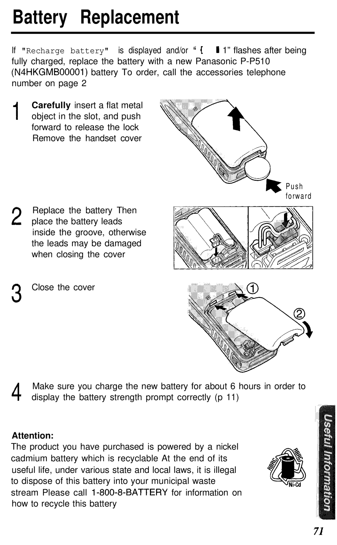 Panasonic KX- TG2583B manual Battery Replacement 