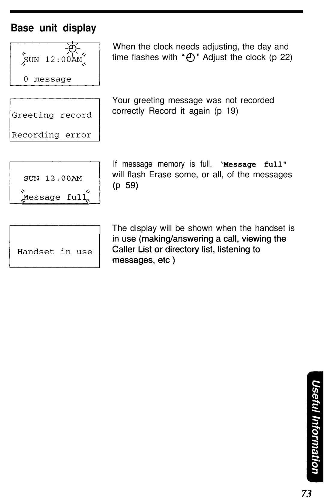 Panasonic KX- TG2583B manual Base unit display 