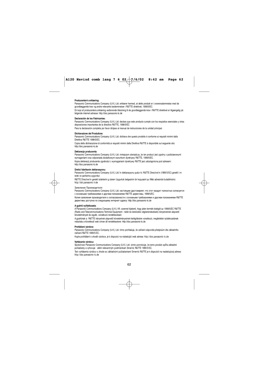 Panasonic KX-A125EX/E, KX-A120EX/E, KX-A126EX/E operating instructions Producentens erklæring 