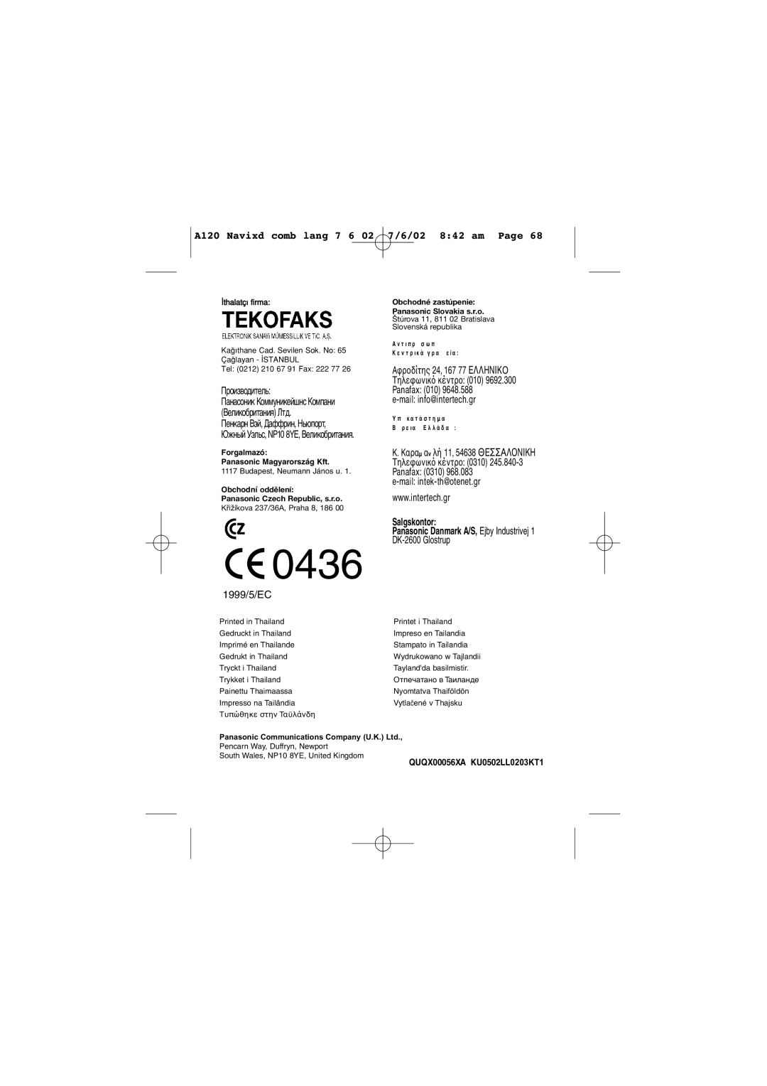 Panasonic KX-A125EX/E, KX-A120EX/E 1999/5/EC, Salgskontor Panasonic Danmark A/S, Ejby Industrivej, DK-2600 Glostrup 