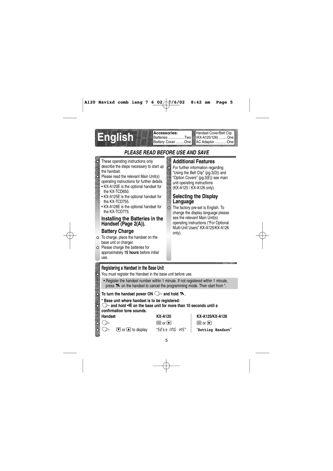 Panasonic KX-A125EX/E, KX-A120EX/E Handset Page 2A Battery Charge, Additional Features, Selecting the Display Language 