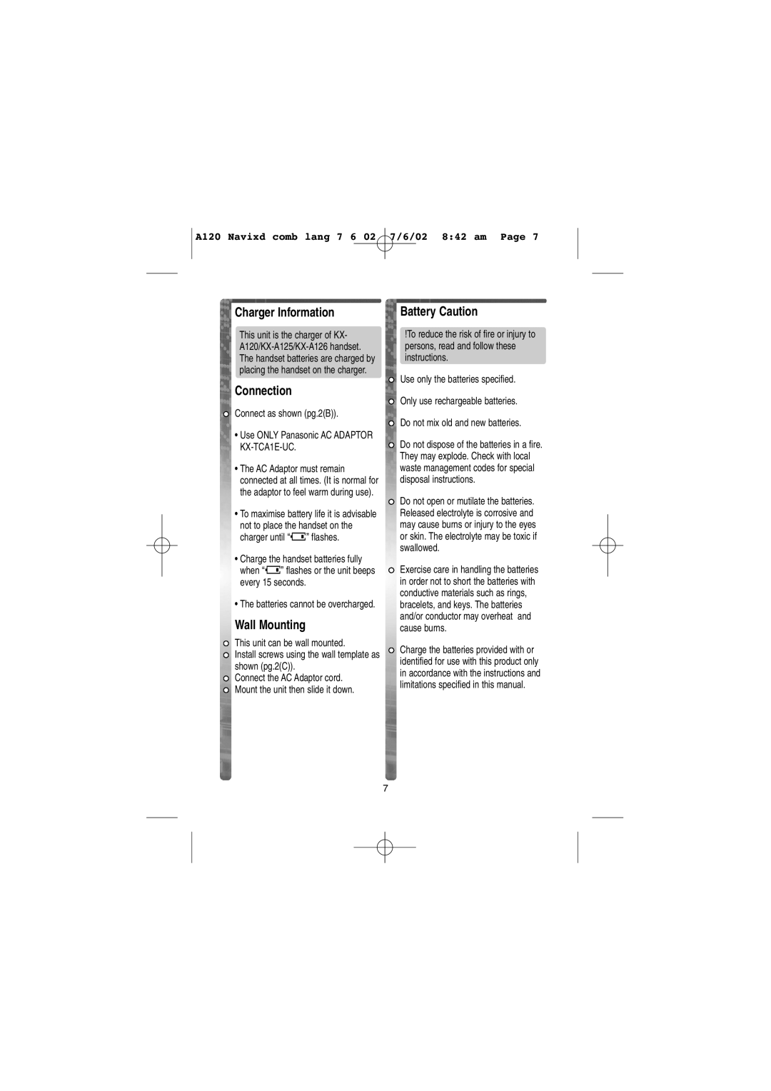 Panasonic KX-A120EX/E, KX-A125EX/E, KX-A126EX/E Charger Information, Connection, Wall Mounting, Battery Caution 