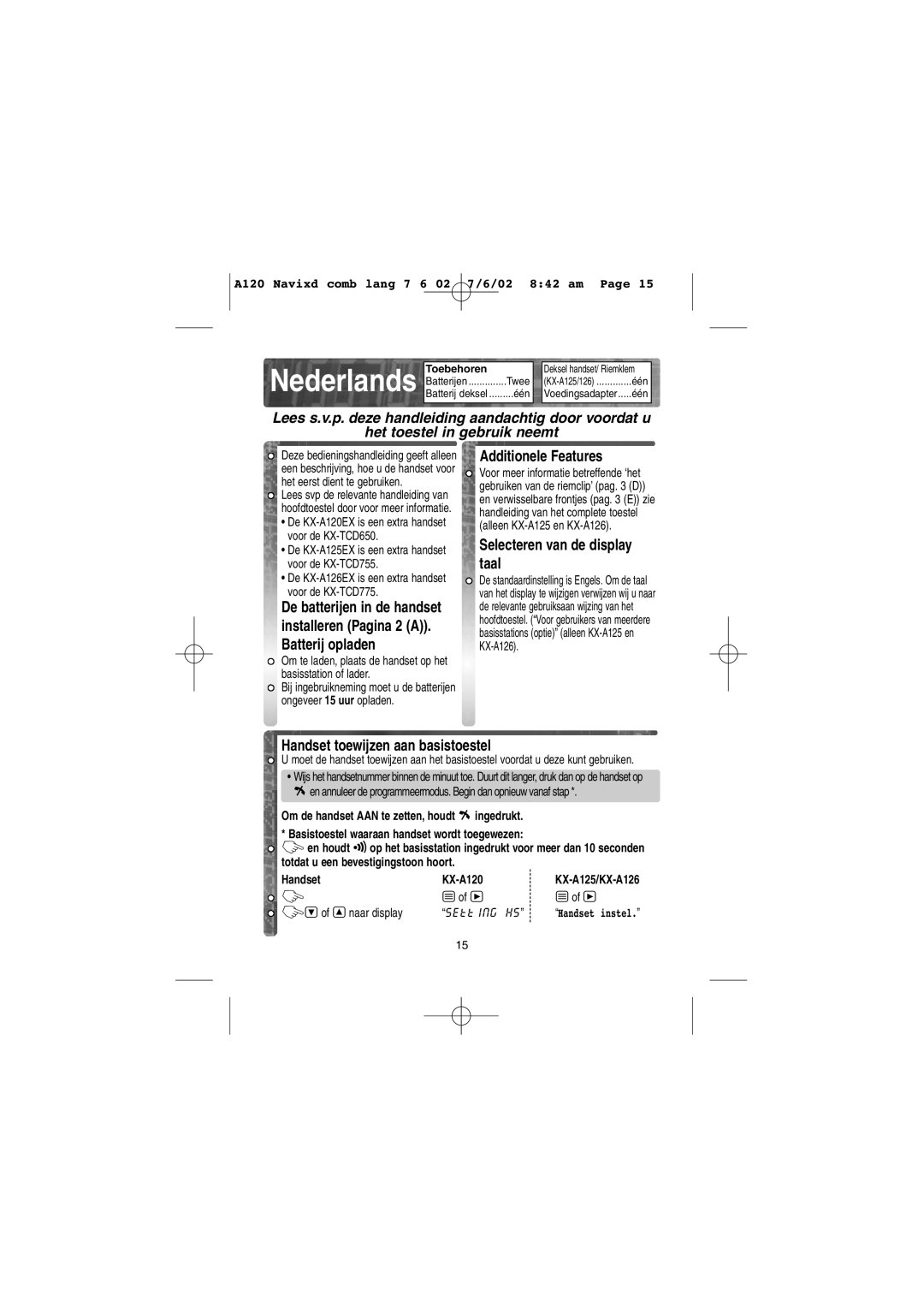 Panasonic KX-A125EX/E Additionele Features, Selecteren van de display taal, Handset toewijzen aan basistoestel 