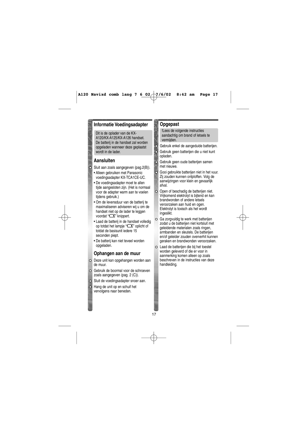 Panasonic KX-A120EX/E, KX-A125EX/E, KX-A126EX/E operating instructions Aansluiten, Ophangen aan de muur, Opgepast 