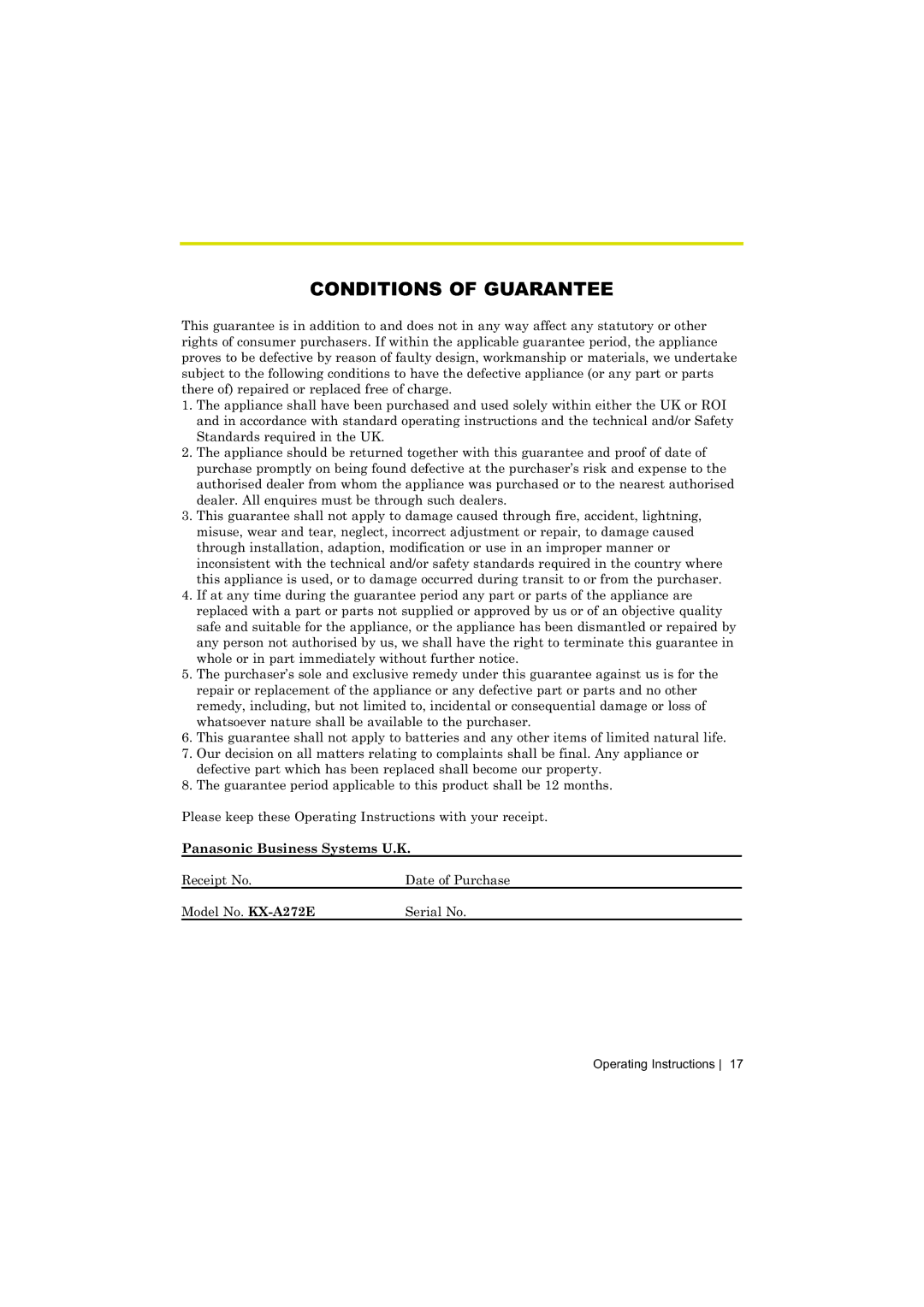 Panasonic KX-A272 operating instructions Conditions of Guarantee 