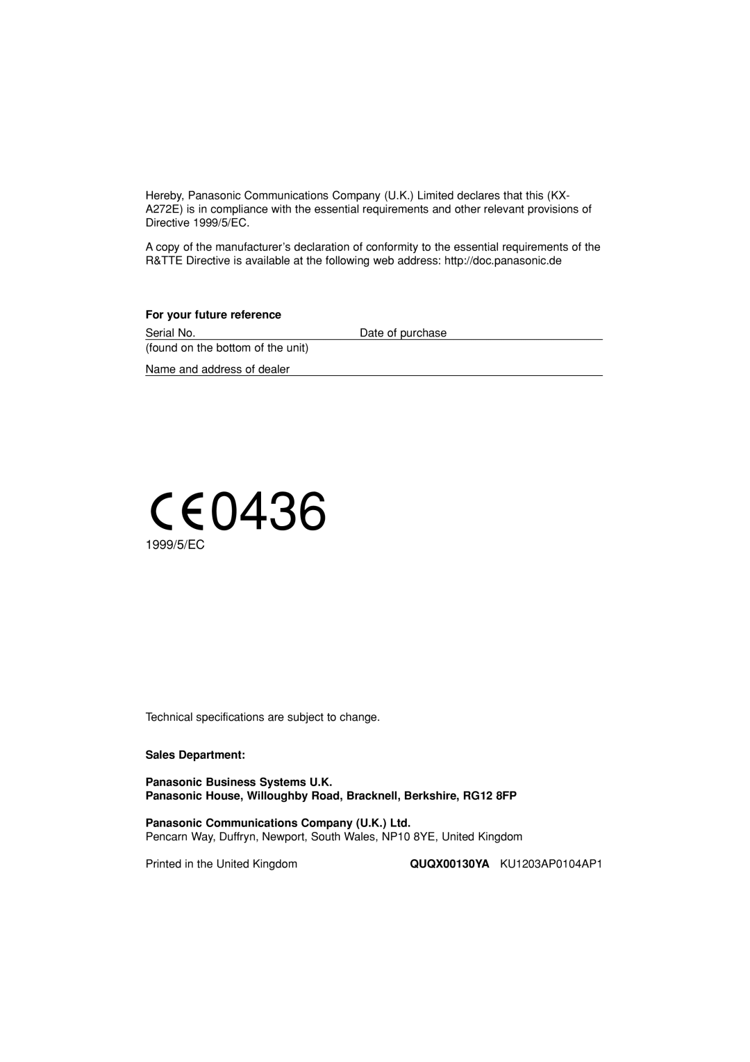 Panasonic KX-A272 operating instructions 0436 