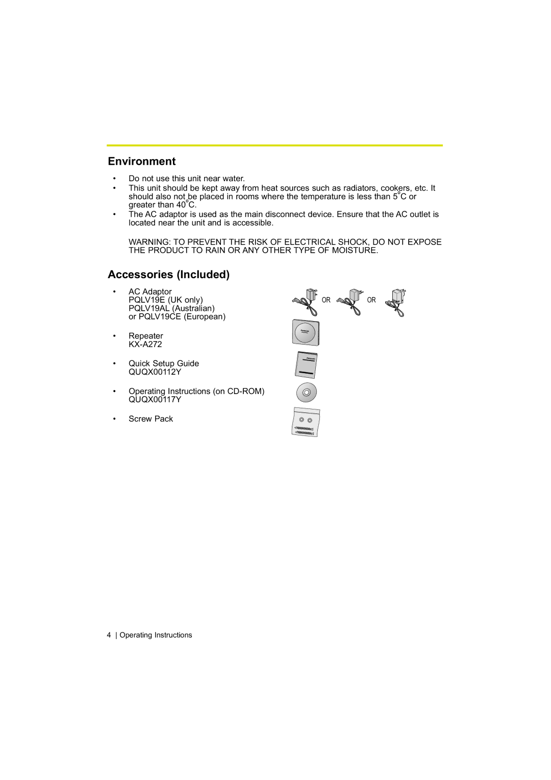 Panasonic KX-A272 operating instructions Environment, Accessories Included 