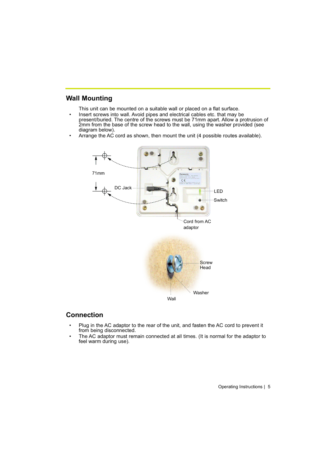 Panasonic KX-A272 operating instructions Wall Mounting, Connection 