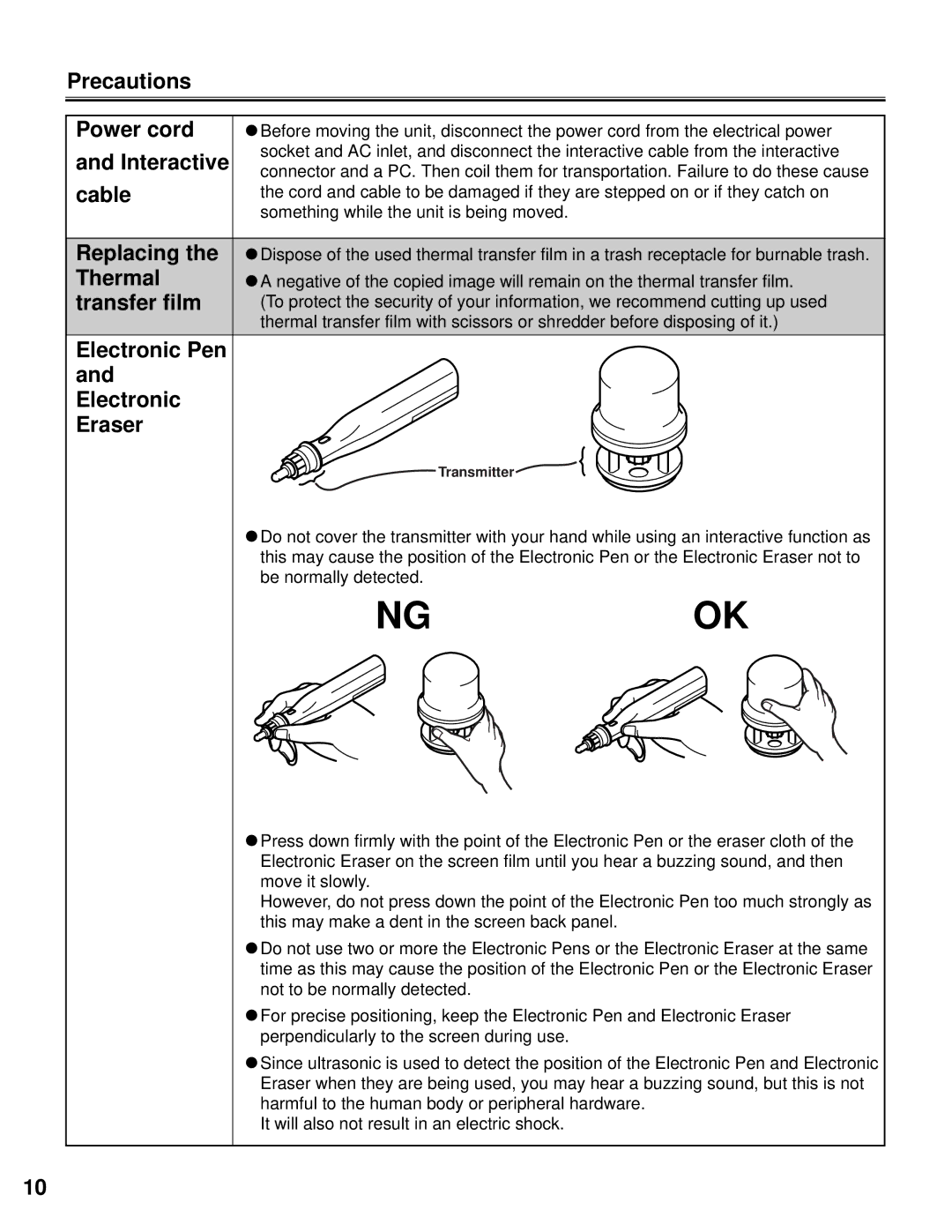 Panasonic KX-BP800 operating instructions Precautions Power cord, Interactive, Cable, Electronic Pen Eraser 