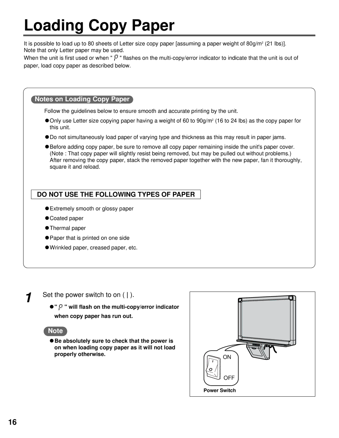 Panasonic KX-BP800 operating instructions Loading Copy Paper, Set the power switch to on 