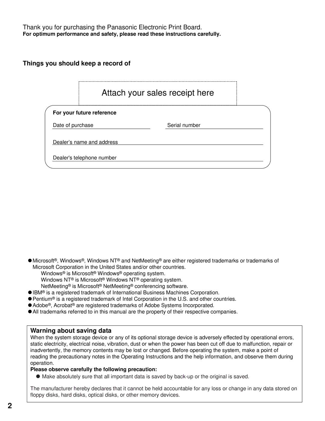 Panasonic KX-BP800 operating instructions Attach your sales receipt here, Things you should keep a record 