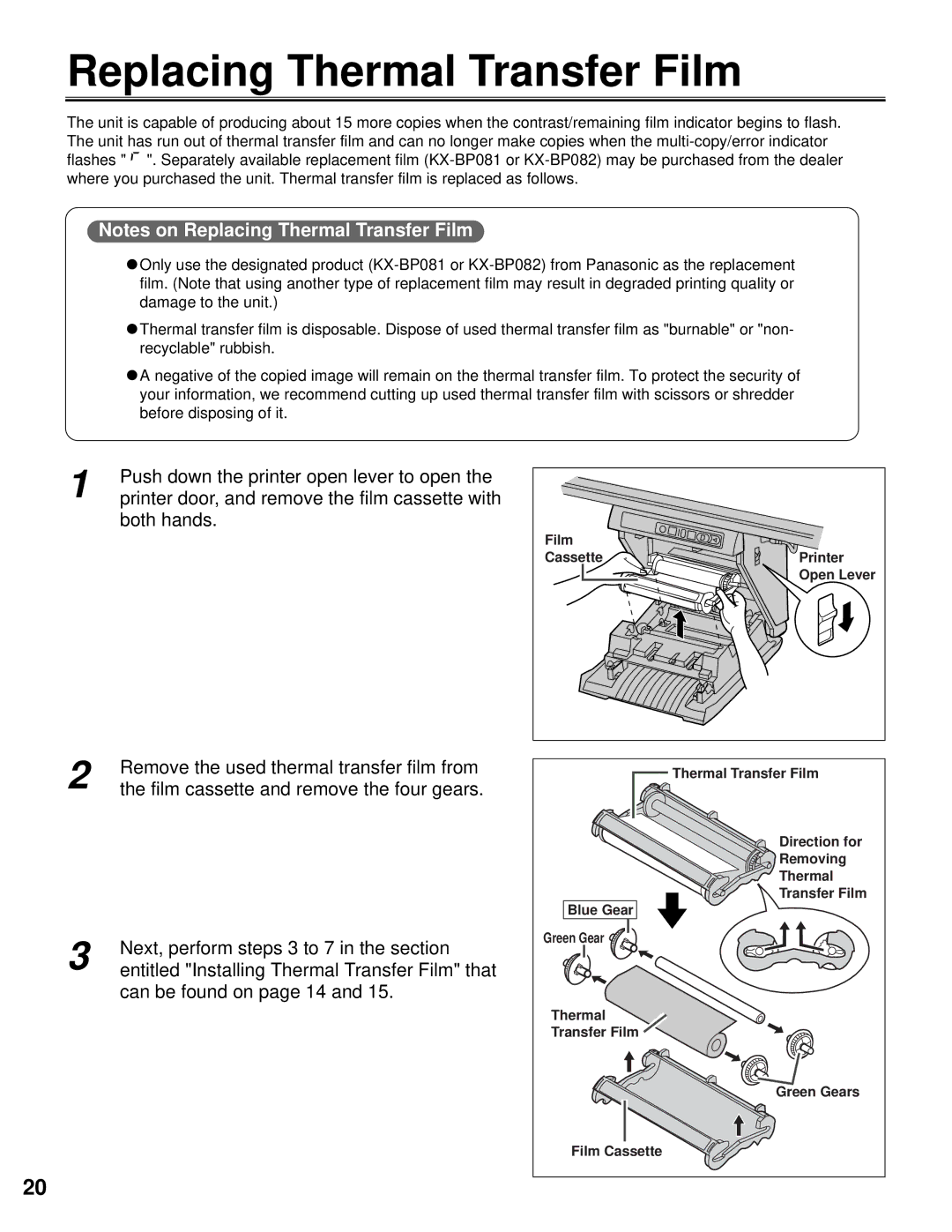 Panasonic KX-BP800 operating instructions Replacing Thermal Transfer Film, Push down the printer open lever to open 