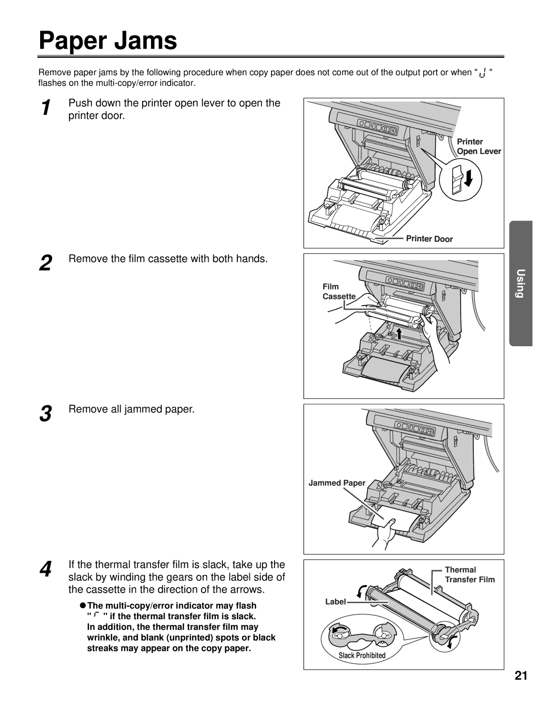 Panasonic KX-BP800 operating instructions Paper Jams, Remove the film cassette with both hands 