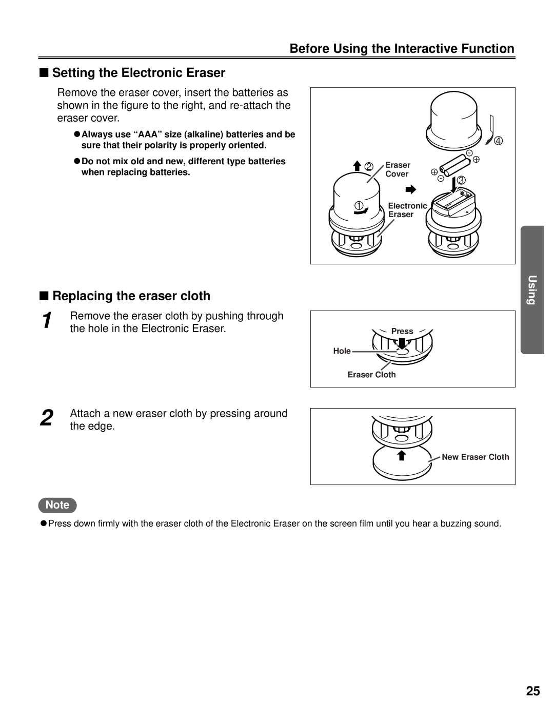 Panasonic KX-BP800 Replacing the eraser cloth, Remove the eraser cloth by pushing through, Hole in the Electronic Eraser 