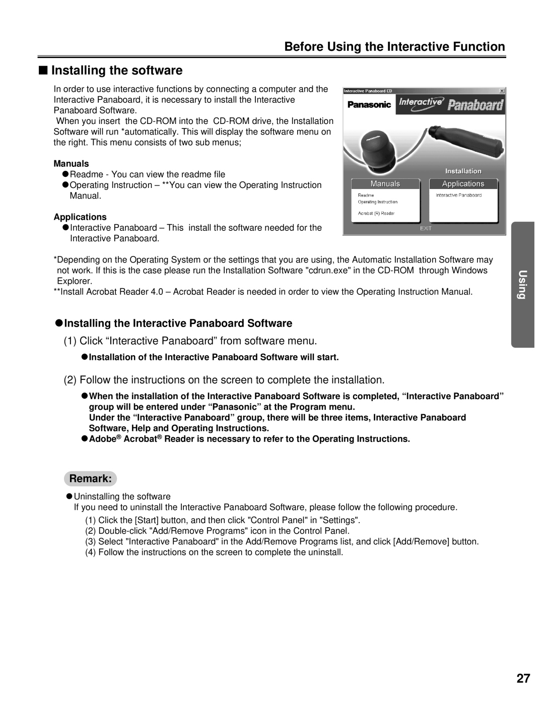 Panasonic KX-BP800 CInstalling the Interactive Panaboard Software, Click Interactive Panaboard from software menu, Remark 