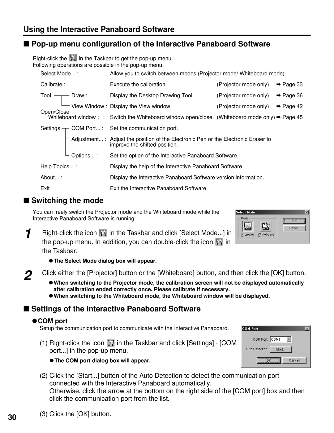 Panasonic KX-BP800 operating instructions Switching the mode, Settings of the Interactive Panaboard Software, Ccom port 